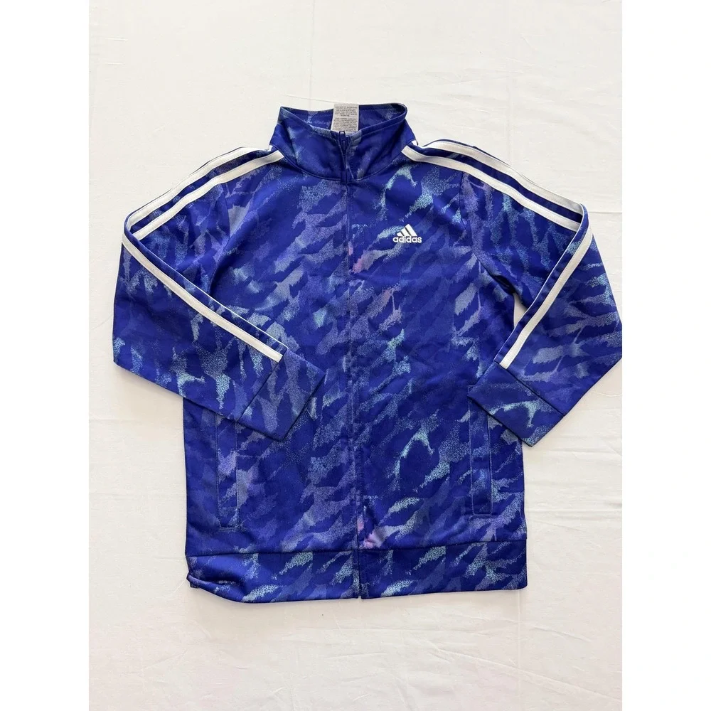 Adidas Track Jacket Kids 7 Blue Camo Print Full Zip 3-Stripes‎ Athletic